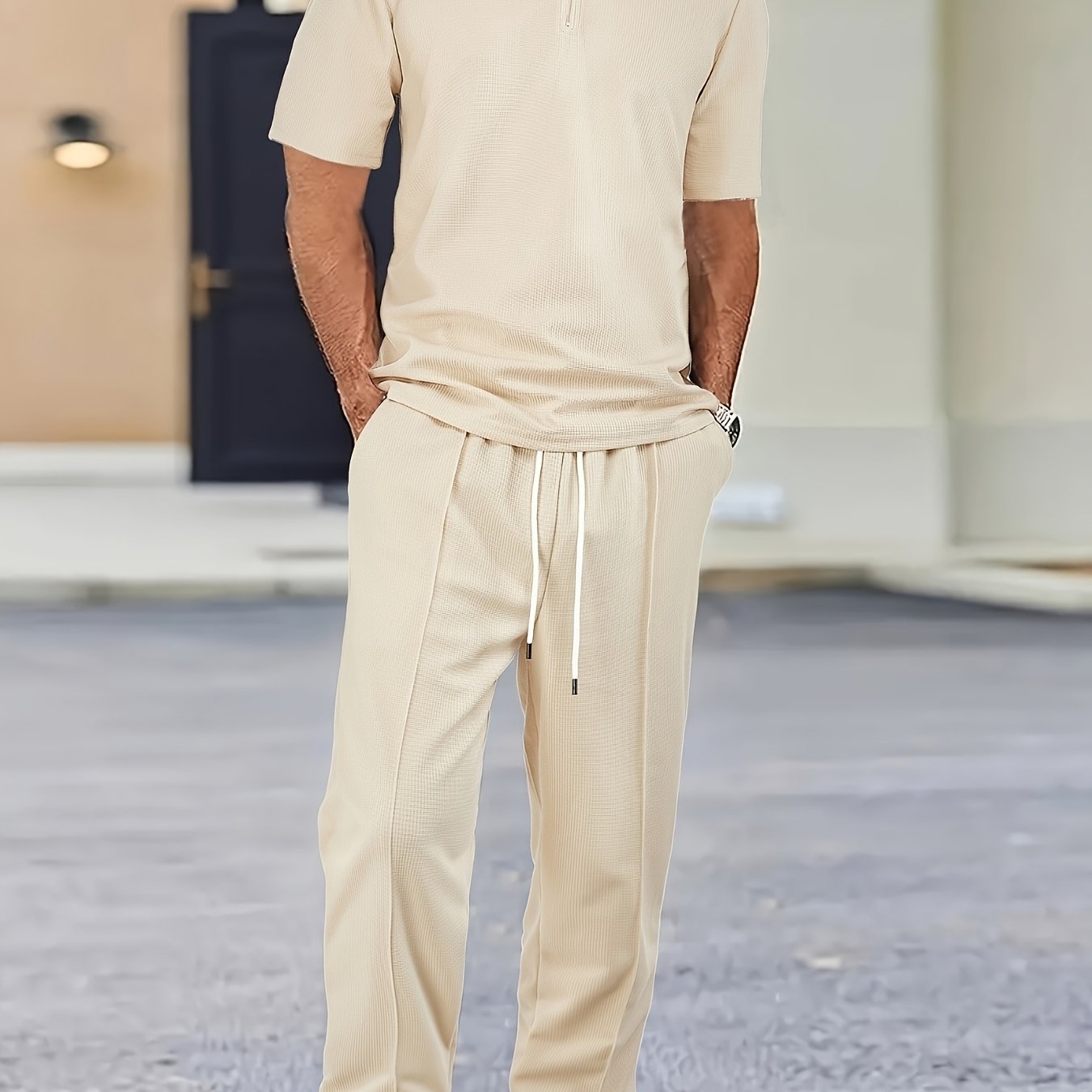 Men's 2pcs Waffle Knit Casual Outfit: Zip-Up Short Sleeve Collared Shirt & Drawstring Pants - Black, Polyester Blend, Ideal for Casual Attire in Spring/Summer
