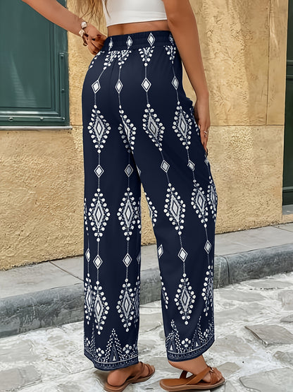 Women's Elegant Wide-Leg Trousers with Geometric Print