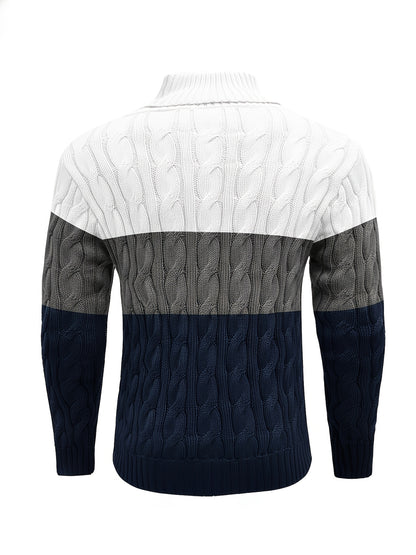 Men's Business Style Color-Block Sweater, Fashionable Trendy Spliced Large Lapel Pullover, Versatile Button-Design Sweatshirt