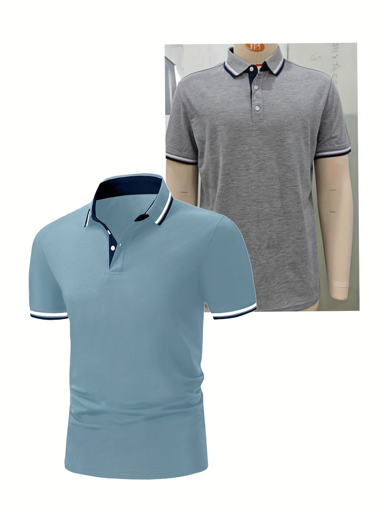 2 հատ տղամարդու կարճաթև վերնաշապիկներ կոնտրաստ օձիքներով - թեթև պոլիեսթեր, պաստել կապույտ և վարդագույն, շրջադարձային օձիքով, կոճակներով փակվող, սովորական, ամենօրյա և գործնական հագուստ, իդեալական ամառային կամ նվերների համար, կարճ թև վերնաշապիկներ