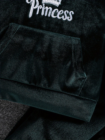 Girls' Long Pants Set, Burgundy Hooded Sweatshirt & Sweatpants, New Autumn Winter Warm Pullover Top, Fabric Two-Piece Set, Princess English Letter Embroidery with Pockets, Festive Holiday Outfit for Baby Girls, Perfect for Ou