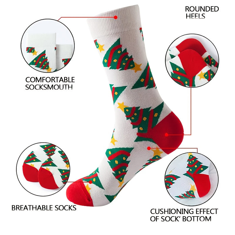 6 Pairs of Autumn-Winter Christmas Socks with Cute Cartoon Snowman and Reindeer Design for Men & Women, Mid-Calf Length, Cozy Comfort, Winter Essentials, Playful Pattern, Fun Holiday Style, Warm Material, Durable Socks, Unise