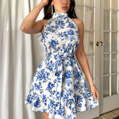 Elegant Floral Print Sleeveless Dress with Ruffle Hem - Choker Neck, Knee-Length, Lightweight Polyester, Machine Washable - Ideal for Spring/Summer/Fall Events