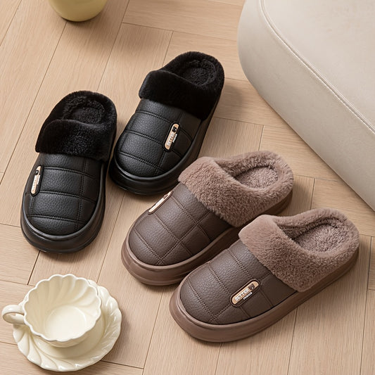 Men's Large PU Faux Leather Slippers Thick EVA Sole Warm Slip-On - ayq