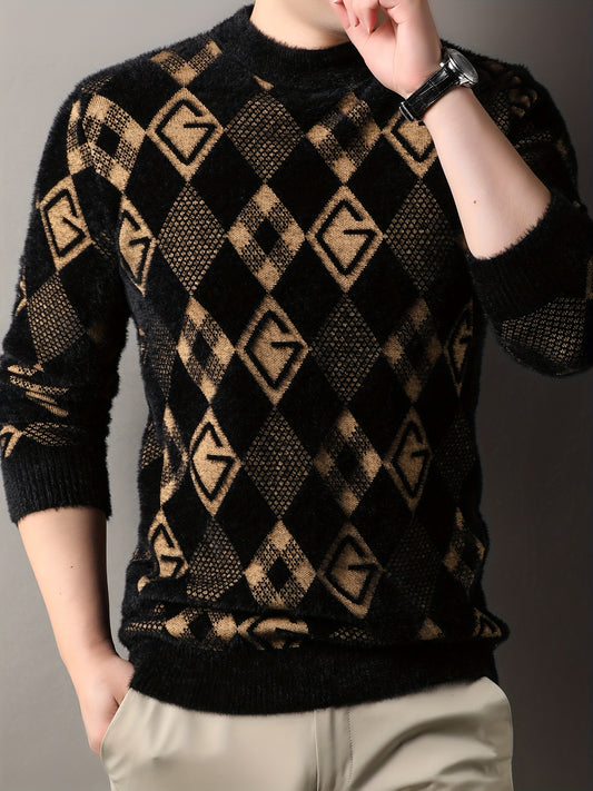 Maqiqi OBM Men's New Autumn/Winter Knit Pullover, Plaid Pattern Men's Sweater with Letter Decoration, Faux Mink Fur Round Neck Long Sleeve Men's Top, Soft and Comfortable Fabric, Suitable for Casual Outings, Men's Gift