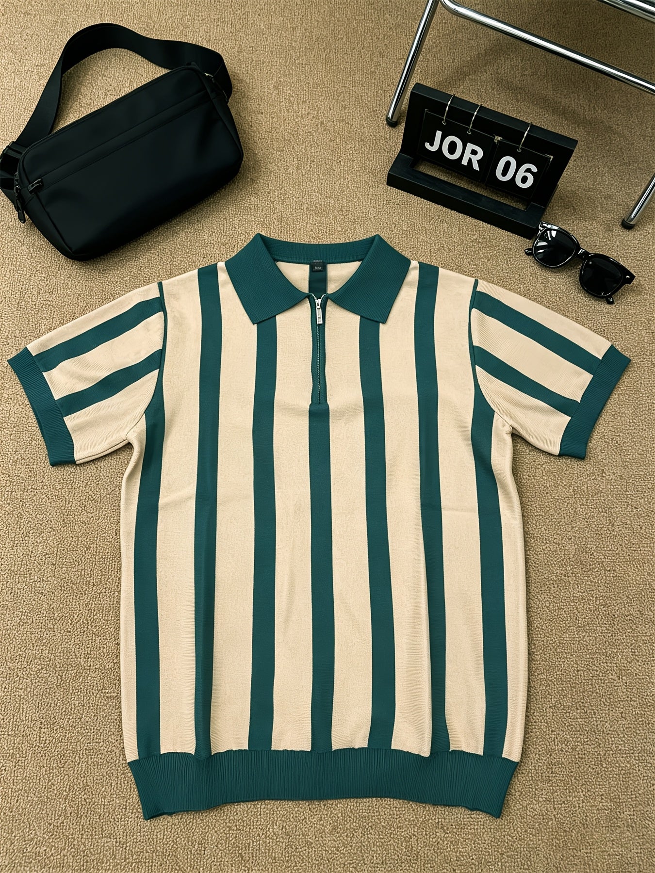 Men's Slim Fit Vertical Stripe Knit Polo with Half-Zip Collar