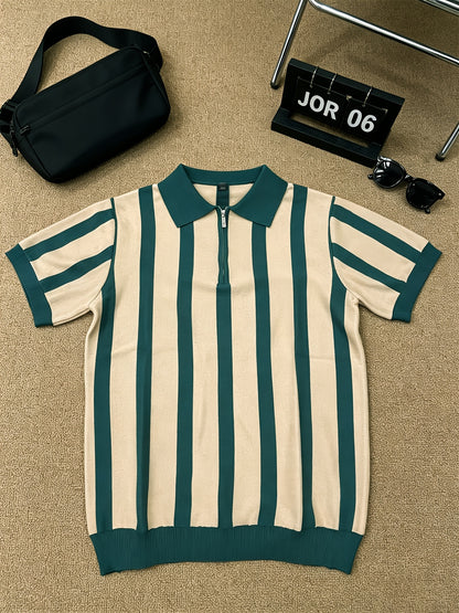 Men's Slim Fit Vertical Stripe Knit Polo with Half-Zip Collar