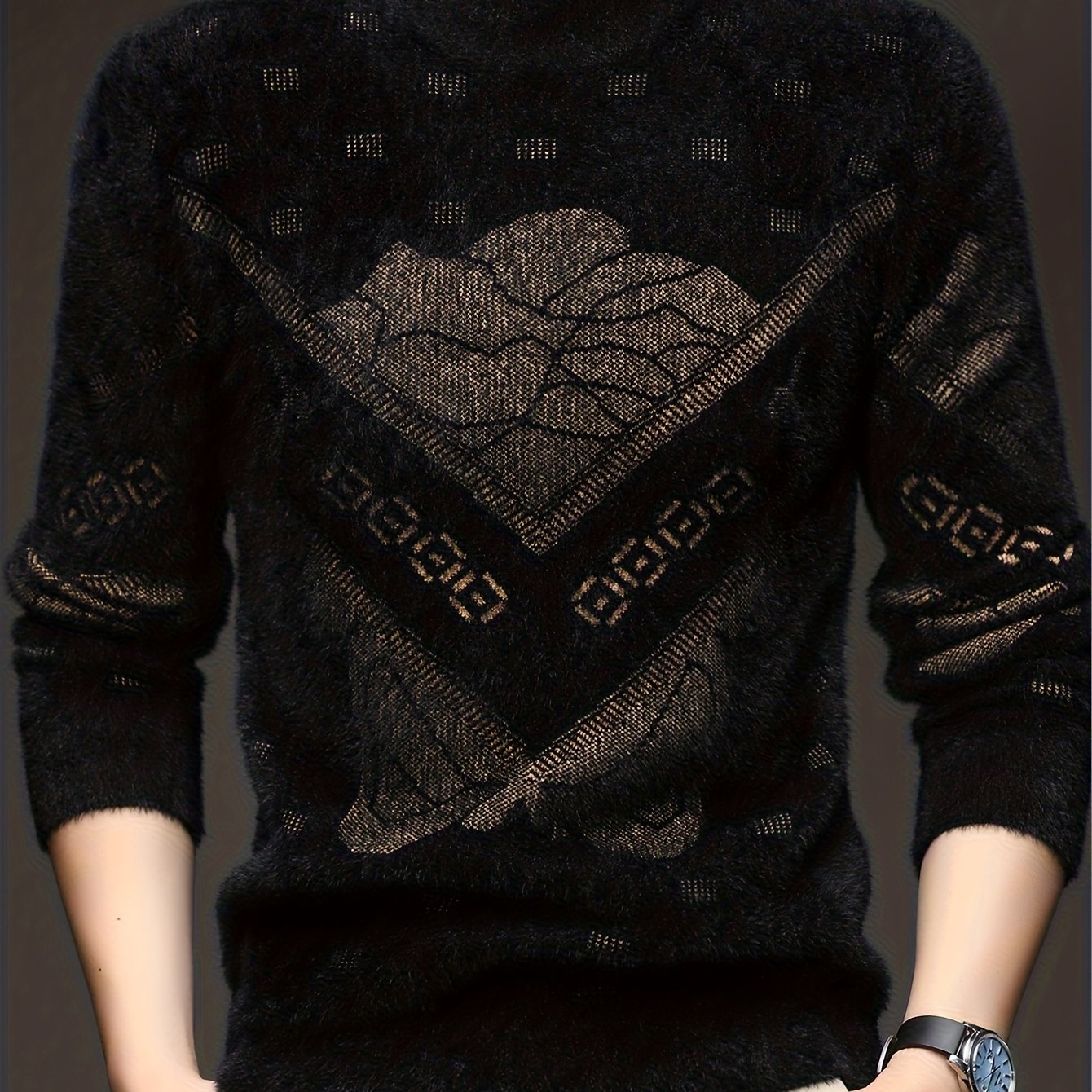 Men'S High-End Crew Neck Sweater | Fashionable Thick Warm Knitted Pullover with Floral Pattern and Hot Stamping for Fall/Winter