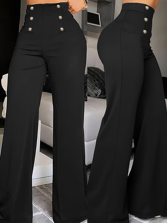 Women'S Elegant High-Waist Wide Leg Pants - Black Polyester Straight Leg with Button Detail, All-Season Fashionable Trousers for Casual or Dressy Wear