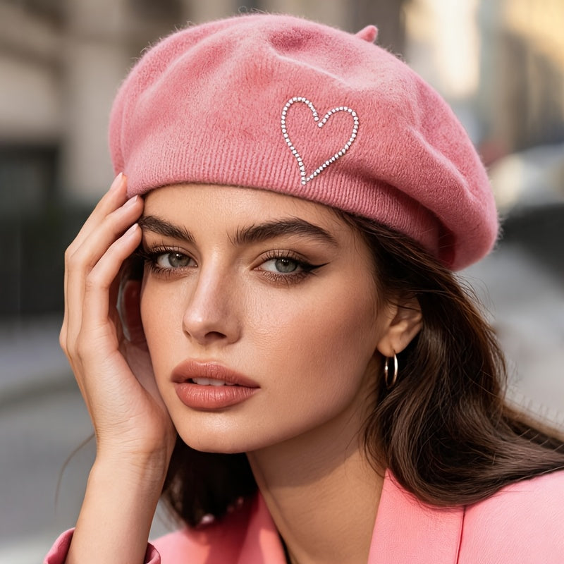 Women's Wool Beret Hat with Rhinestone Heart - Lightweight Warm