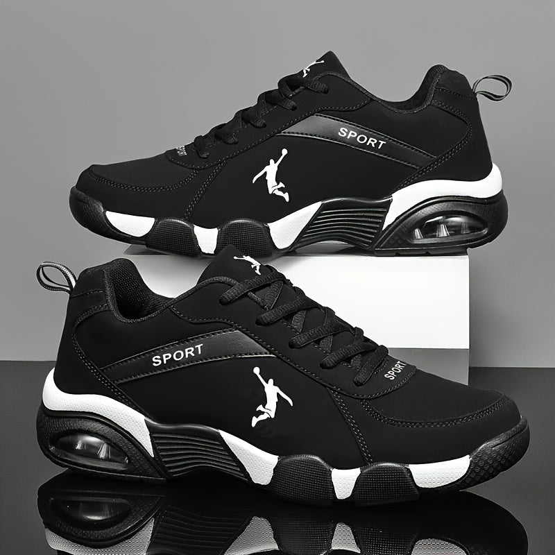 Unisex Low-Top Sneakers with Breathable Mesh & Air Cushion Technology - Comfortable Lace-Up Casual Shoes for Running, Walking, Training - Black & White Design, Synthetic Synthetic Faux Upper, Fabric Lining, All-Season Wear, R - ayq