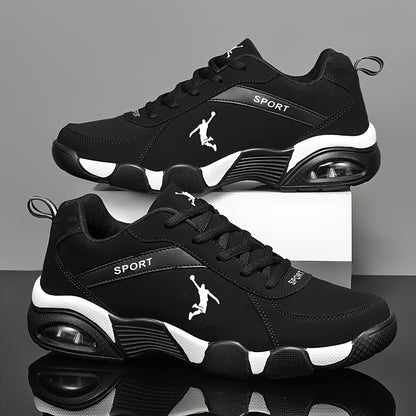 Unisex Low-Top Sneakers with Breathable Mesh & Air Cushion Technology - Comfortable Lace-Up Casual Shoes for Running, Walking, Training - Black & White Design, Synthetic Synthetic Faux Upper, Fabric Lining, All-Season Wear, R - ayq
