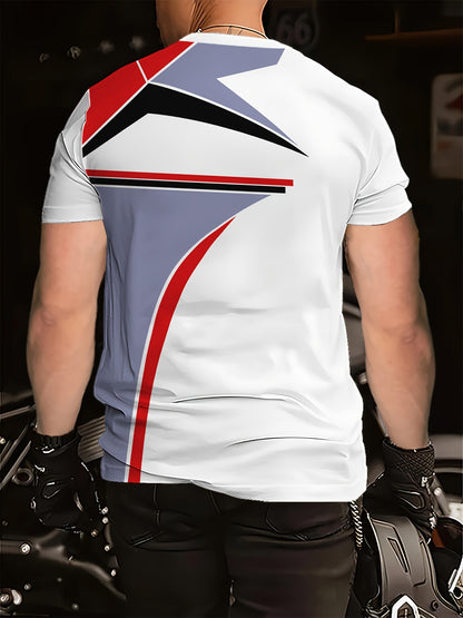 Men's Black 3D Geometric Print T-Shirt – Casual Short Sleeve Summer Tee with Red  Gray Accents, Round Neck, Machine Washable for Outdoor Sports, Everyday Comfort, Durable Fabric