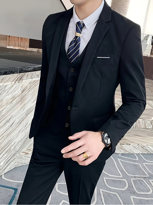 Men's Classic Elegant Solid Color High-end Suit 3pcs Set, Suits, Jackets and Pants Suitable for Weddings, Parties, Graduations