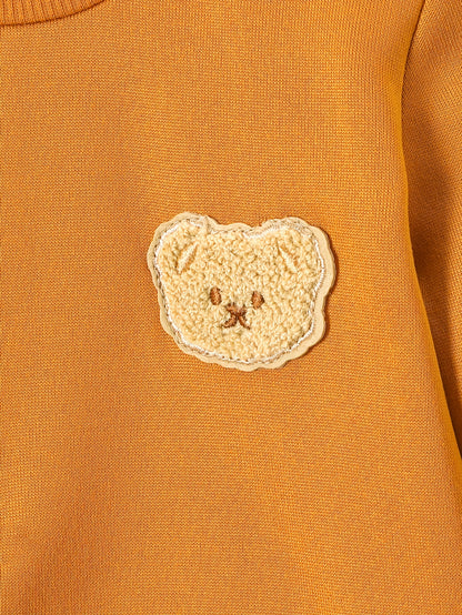 2pcs, Boys' Round Neck Sweatshirt Set, Suitable for Boys Aged 1-8, Fashionable Cartoon Bear Patch, Slightly Stretchy Fabric, Warm Fleece-Lined for Autumn and Winter, Ideal for Casual Sports Wear, Minimalist Style Perfect as a