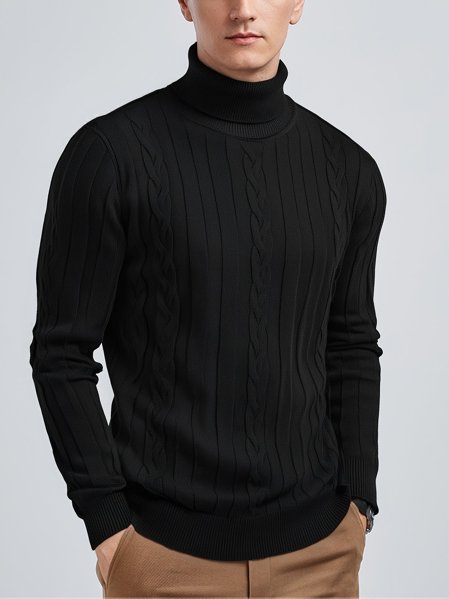 Men's Mature Slim-Fit High-Neck Long-Sleeve Sweater, Casual Ribbed Knit Pullover Solid Color Sweater, Men's Winter Clothing, Men's Sweater, Christmas Sweater, Men's Christmas Sweater, Winter Men's Apparel, New Year's Apparel,