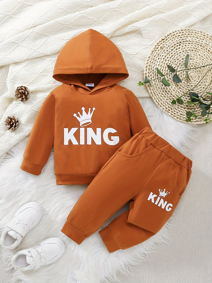 2 հատ Baby Boy's Casual Fashion Outfit Hooded KING Print երկարաթև մարզաշապիկ + շալվար բացօթյա հավաքածու