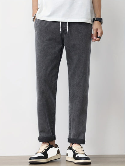 Men's Solid Washed Denim Trousers With Pockets, Causal Drawstring Cotton Blend Barrel Jeans For Outdoor Activities