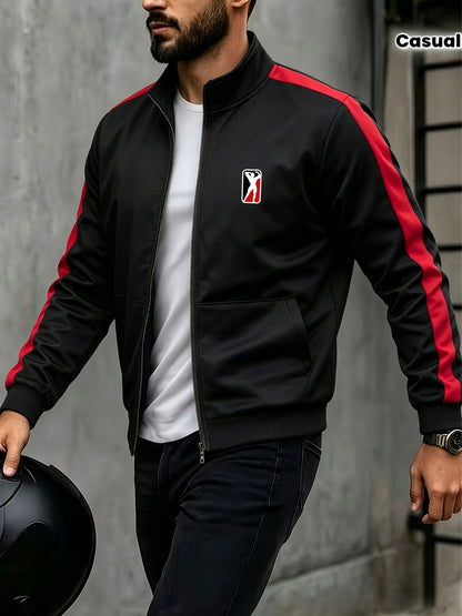 Men's Stand Collar Zip-Up Jacket with Striped Sleeves for Spring