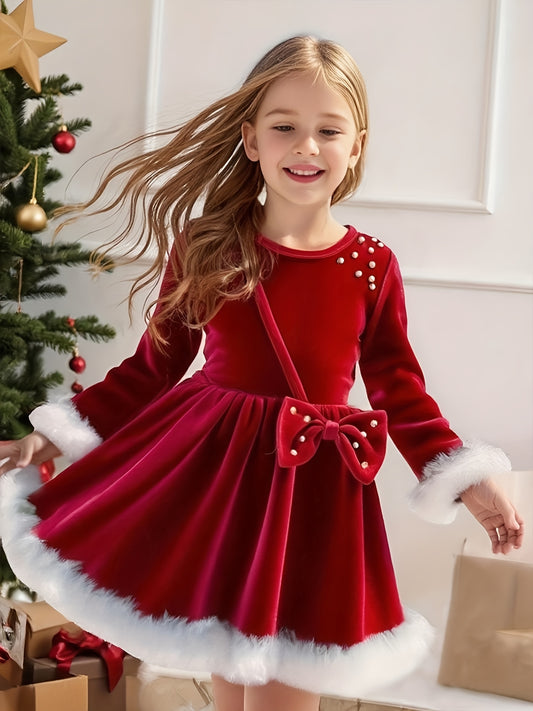 High-End Romantic Gorgeous Elegant Red Round Neck Pearl Straight-Leg Long Sleeve Cuff Skirt with 3D Bow Spring Autumn New Dress Suitable for Daily Wear, Parties, Holidays, Christmas Vacation Banquet, Campus Performance Outing