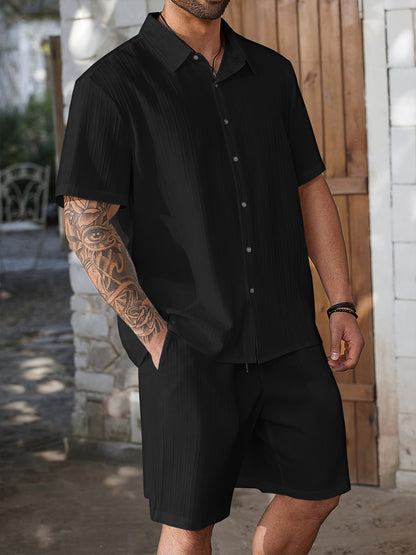 Men's Summer Casual Shirt and Shorts Set, Lightweight Polyester