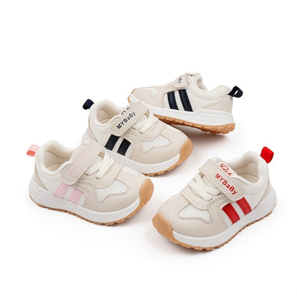 [1pc Unisex Toddler Sports Sneakers] Toddler Sports Sneakers, Unisex Preppy Casual Running Shoes, Striped Low Top Fabric & PU Upper, Breathable Mesh, Soft TPR Sole, with Adjustable Strap Closure, for Spring/Summer, All-Season