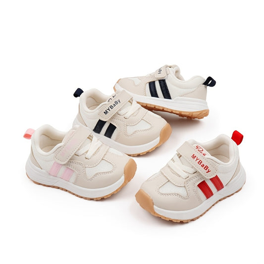 [1pc Unisex Toddler Sports Sneakers] Toddler Sports Sneakers, Unisex Preppy Casual Running Shoes, Striped Low Top Fabric & PU Upper, Breathable Mesh, Soft TPR Sole, with Adjustable Strap Closure, for Spring/Summer, All-Season