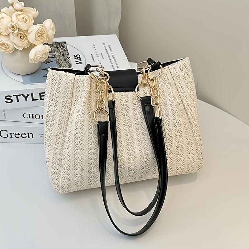 Large Capacity Women's Woven Shoulder Tote Bag for Beach
