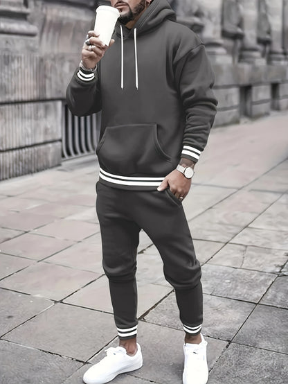Men's Solid Color Hooded Casual Sportswear Set - ayq