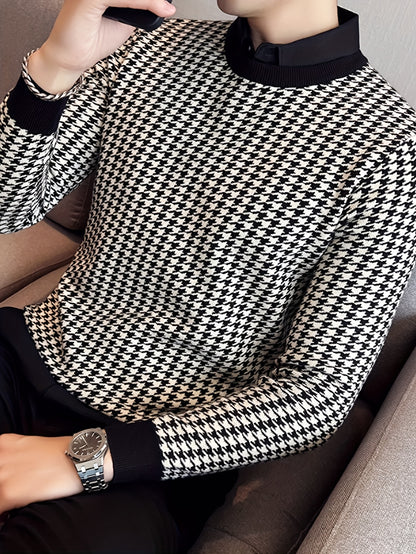 Նոր տղամարդու Houndstooth գունավոր խճճված սվիտեր, կլոր վզնոցով և երկար թևքերով ամենօրյա սվիտեր, տրիկոտաժե