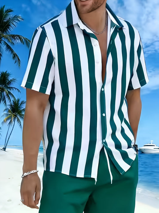 Men's Summer Polyester Striped Shirt and Shorts Set - ayq