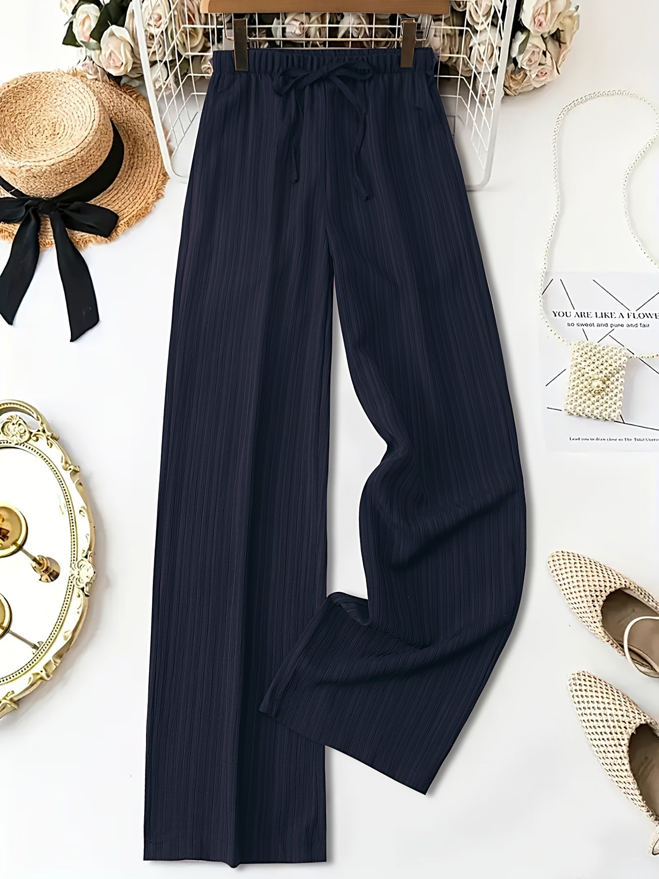 Women's Casual Wide Leg Pants with Elastic Waist and Pockets