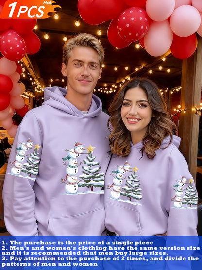 1pc Couple Matching Snowman Christmas Tree Print Oversized Hooded Sweatshirt, New Arrival Valentine'S Day Outfit, Casual Elegant Stretchy Fiber Fabric, Fleece Lined Soft Warm Long Sleeve Top For Sports, Travel & All-season We