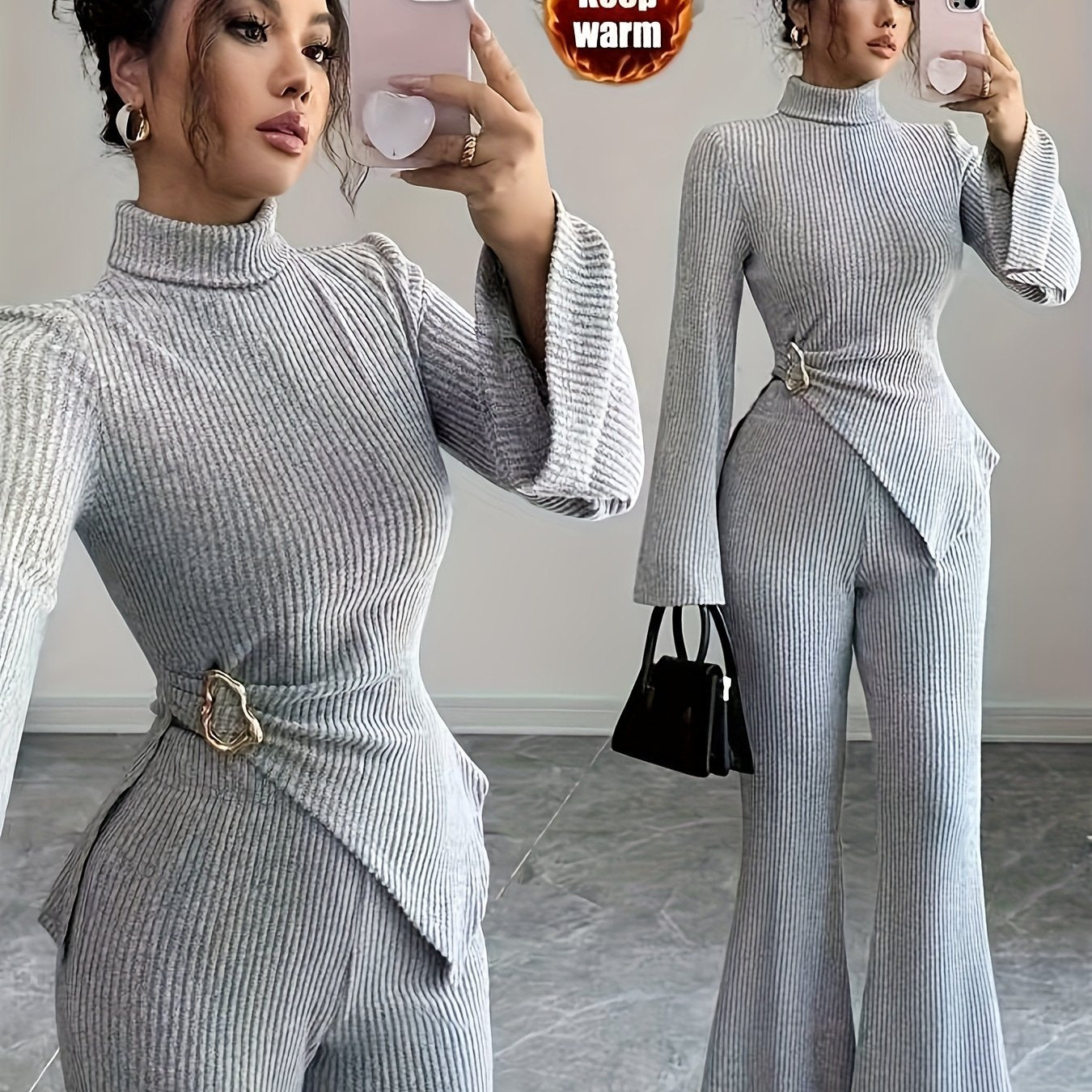 Women'S Autumn-Winter Fleece-Lined High Neck Asymmetrical Hem Long Sleeve Pants Suit | Elegant Solid Color Design.