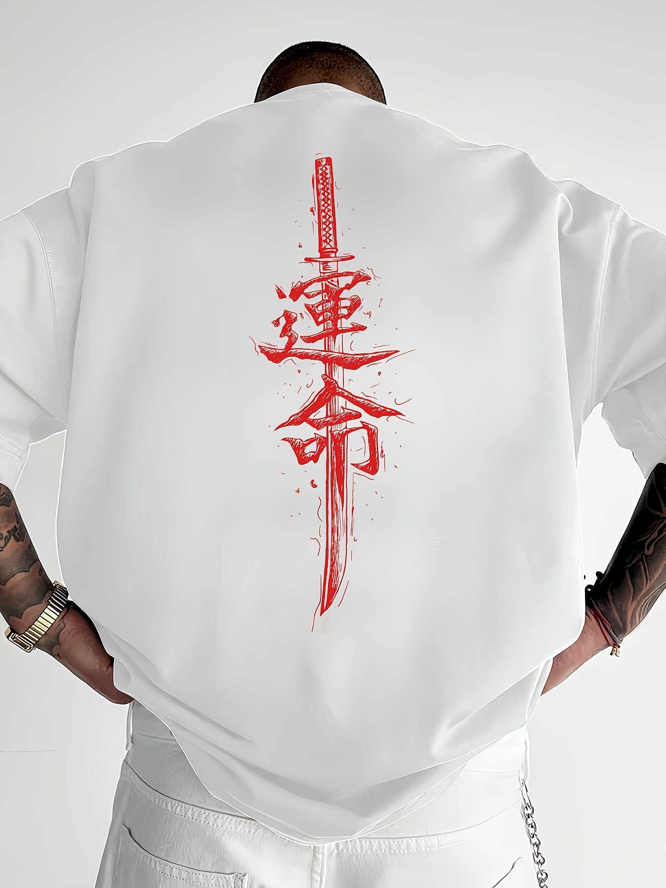Men'S Japanese Samurai Sword Graphic T-Shirt - Casual Loose Fit Crew Neck, Short Sleeve Tee with Red Stylized Japanese Katanas Design, Breathable Polyester for Spring  Summer Outdoor Wear