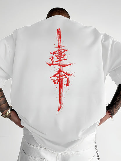 Men'S Japanese Samurai Sword Graphic T-Shirt - Casual Loose Fit Crew Neck, Short Sleeve Tee with Red Stylized Japanese Katanas Design, Breathable Polyester for Spring  Summer Outdoor Wear