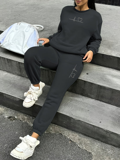 Women's Fleece Sweatsuit Set with Heart Print for Fall/Winter - ayq