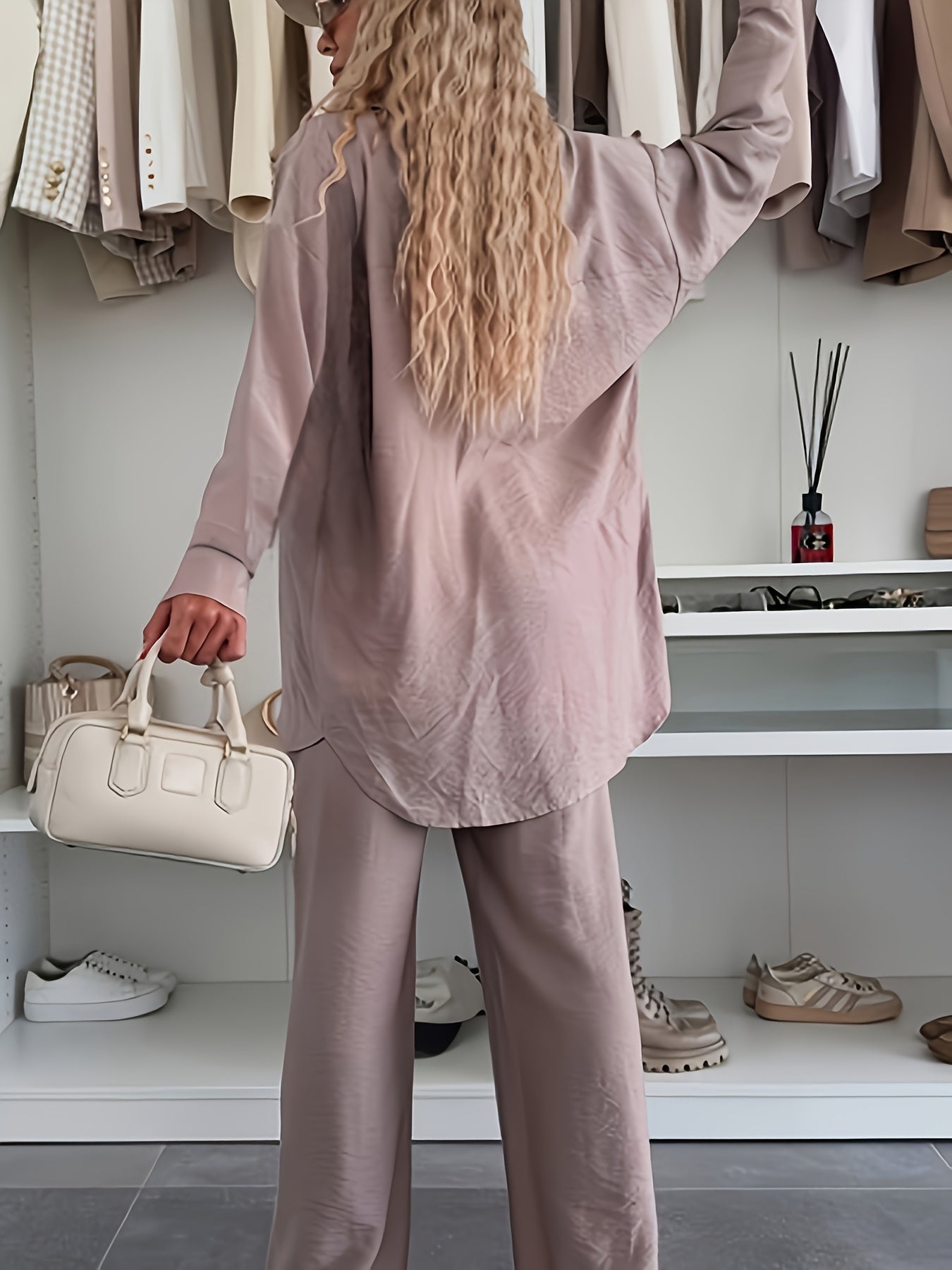 Women's Loose Shirt & Wide-Leg Pants Set - Elegant Polyester