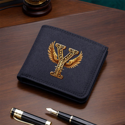 1pc Men's Short Canvas Initial Name Wallet, Zippered Denim Wallet for Men, Plain Ultra-Thin Letter Wallet for Men