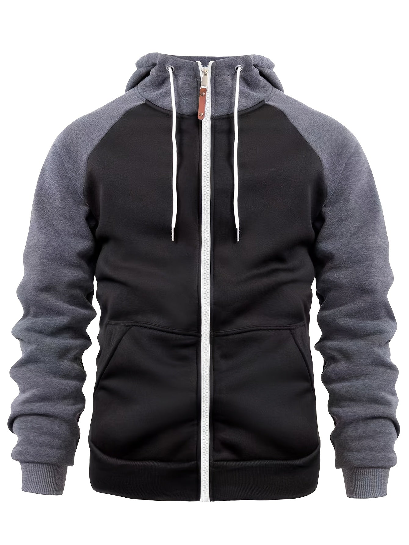 Տղամարդու ոճային գունային բլոկներով վերնաշապիկ՝ առօրյա, կայծակաճարմանդով և գլխարկով սվիտեր՝ առջևի գրպաններով, երկար թևքերով և երիզներով՝ շագանակագույն և սև դիզայնով, հարմարավետ աշնանային և ձմեռային հագուստի համար։