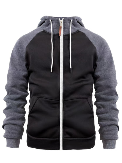 Տղամարդու ոճային գունային բլոկներով վերնաշապիկ՝ առօրյա, կայծակաճարմանդով և գլխարկով սվիտեր՝ առջևի գրպաններով, երկար թևքերով և երիզներով՝ շագանակագույն և սև դիզայնով, հարմարավետ աշնանային և ձմեռային հագուստի համար։