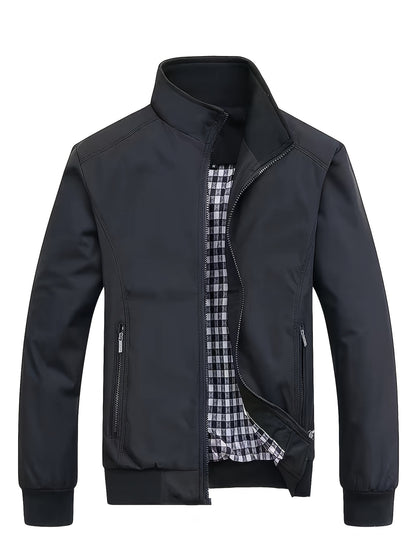 Men's Long Sleeve Zip Up Stand Collar Coat, Business Stand Collar Jacket With Zipper Pockets, Spring Autumn Men's Clothing