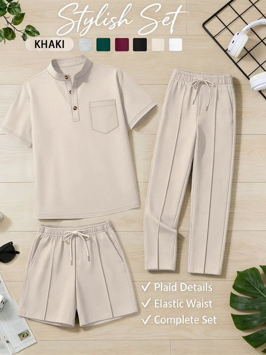 Men's Casual Stand Collar Shirt & Elastic Waist Shorts Set
