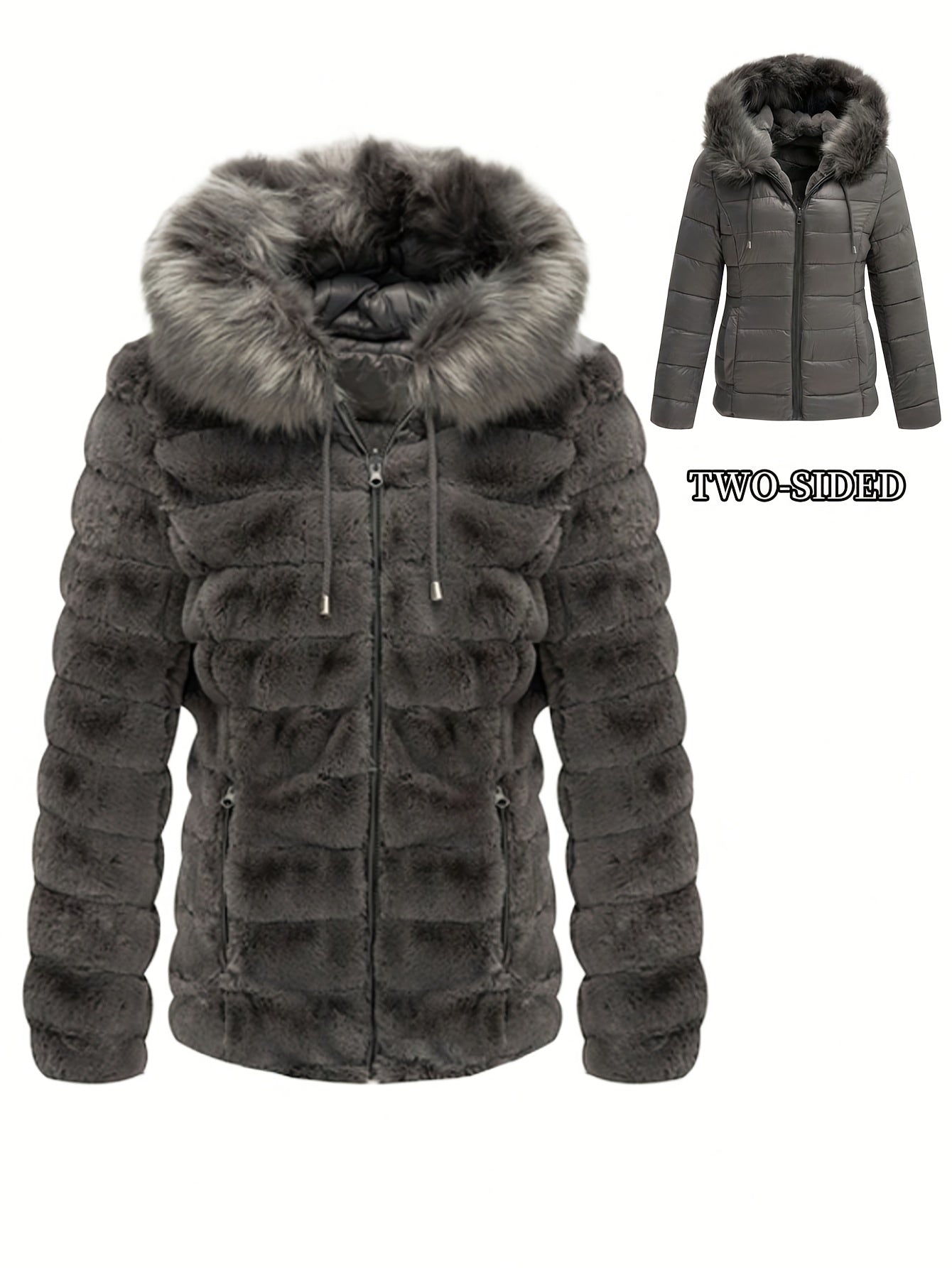 Women'S Heavyweight Winter Coat - Dual-Sided Reversible Jacket with Full-Zip Front, Hooded Collar, Two-Way Zipper Closure - Warm Outerwear for Cold Weather, Office, Travel - Elegant Brown Coat (Size & Wash Label in Pocket), L