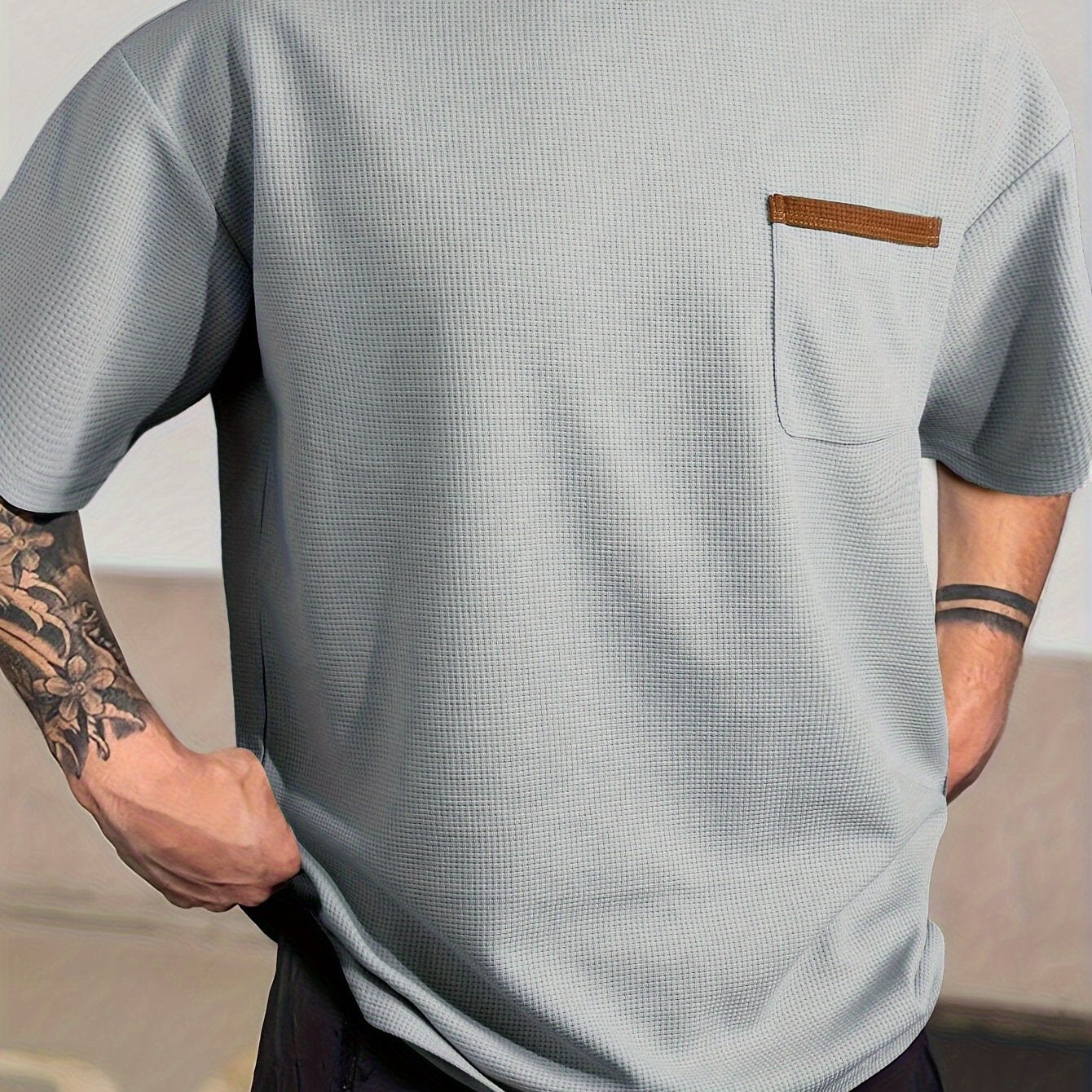 Men's Solid T-shirt With Chest Pocket, Casual Short Sleeve Crew Neck Tee, Men's Clothing For Summer Outdoor
