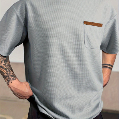 Men's Solid T-shirt With Chest Pocket, Casual Short Sleeve Crew Neck Tee, Men's Clothing For Summer Outdoor