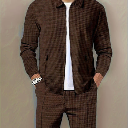 1pc Men'S Casual Polyester Zip-Up Jacket with Lapel Collar, Solid Color, Slight Stretch, Woven Fabric, Regular Fit, No Lining - Spring/Fall Outerwear