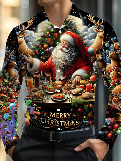 Men's Christmas Santa Claus & Reindeer Print Collar Long Sleeve Shirt - Full-Zipper-Free Button-Front Closure, Non-Stretch Holiday Party Costume or Casual Wear, Machine Washable Festive Attire with All-Over Christmas Motifs (