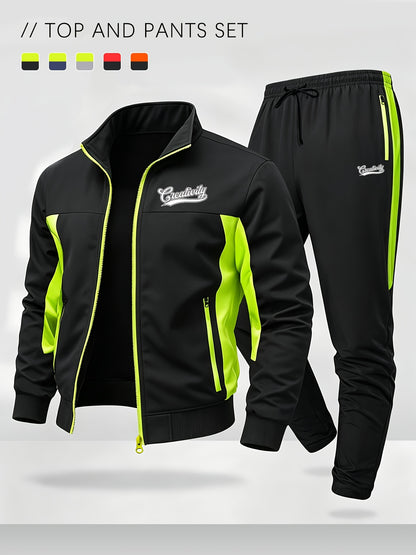 Men's Color Block Sportswear Set with Stand Collar Jacket & Pants