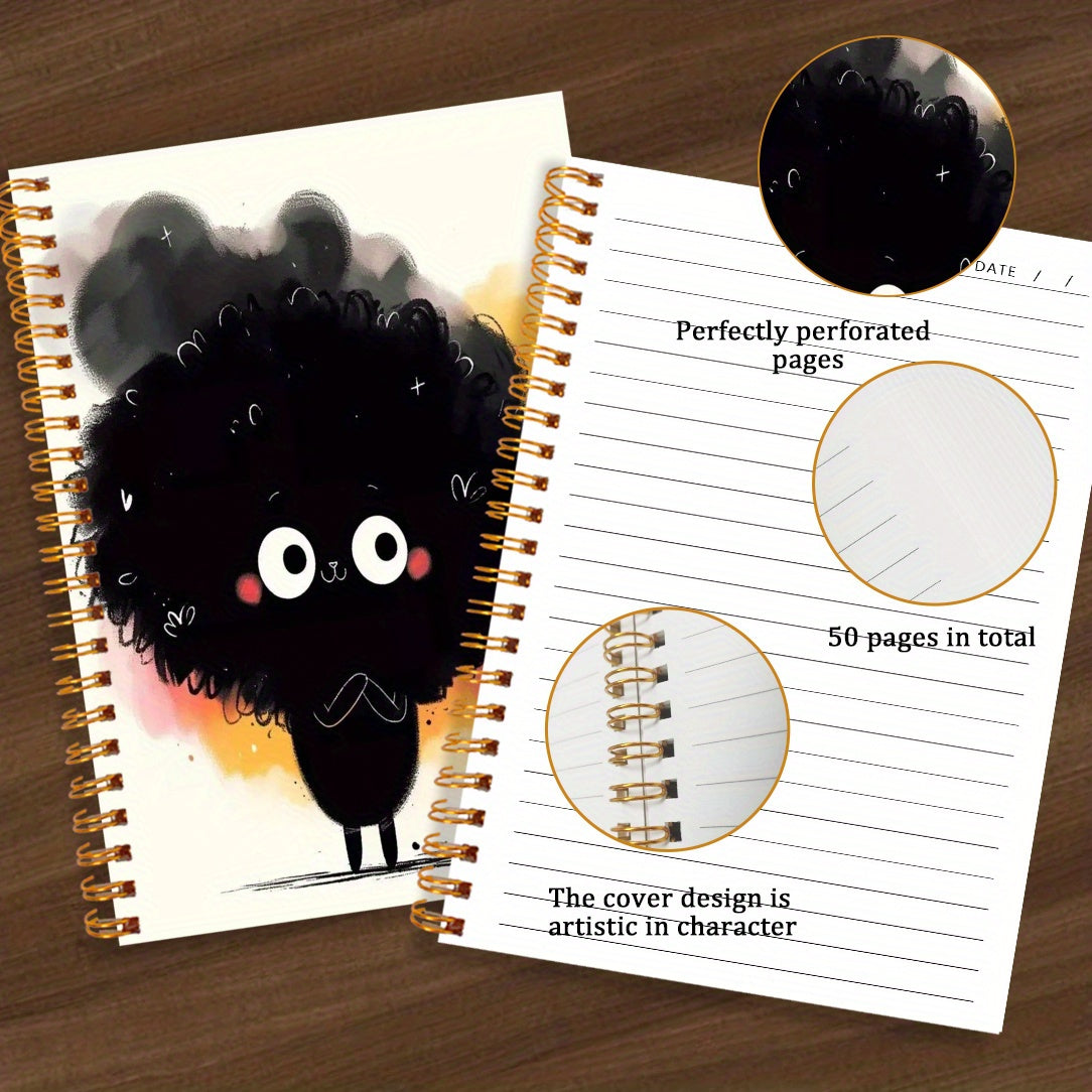 1pc Cute Black Exploding Head Spiral Notebook - Adorable Cartoon Design, 13.97x21.08cm, 50 Pages - Perfect for Office, School, Study, and Gift, Notebooks for School